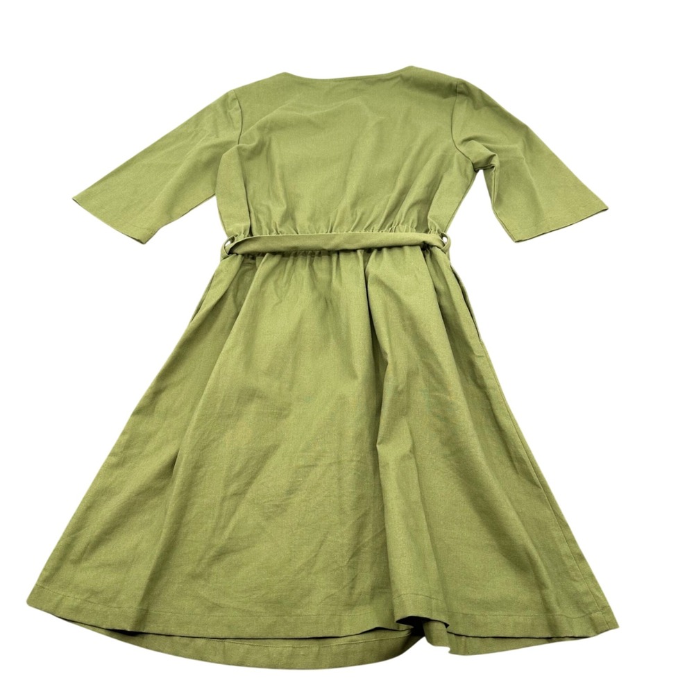 Hannah Canvas Linen Flare Dress Medium Belted Midi Olive Green Modern Casual - Picture 8 of 8